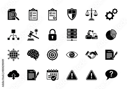 Professional glyph icon set for business compliance, data security, legal frameworks, and corporate strategy concepts