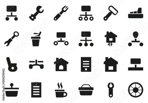 A diverse collection of solid black glyph icons for user interface design, featuring symbols for network, home, and tools. Flat vector graphic set based on the npm213.eps concept