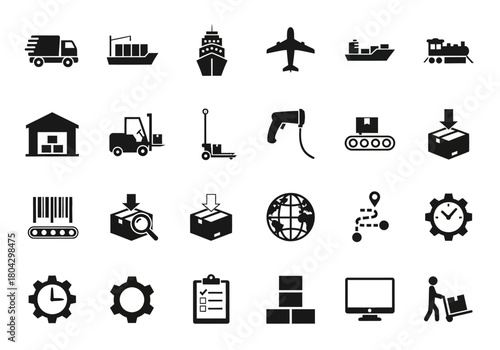 A comprehensive set of vector glyph icons representing logistics, shipping, cargo transportation, and supply chain management