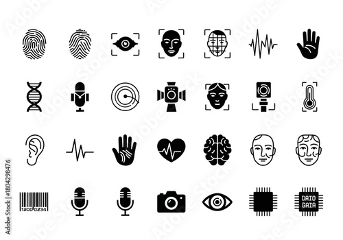 Biometric identification and security technology icon set with fingerprint, facial recognition, and voice scan symbols