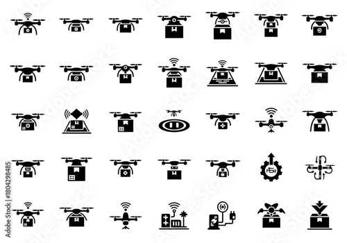 Set of drone glyph icons representing quadcopter delivery, aerial surveillance, and unmanned vehicle technology. A solid black vector symbol collection