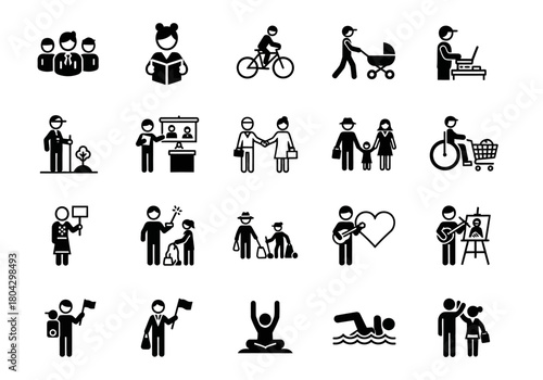 A comprehensive set of vector icons representing diverse human activities, lifestyle moments, and social roles for graphic design