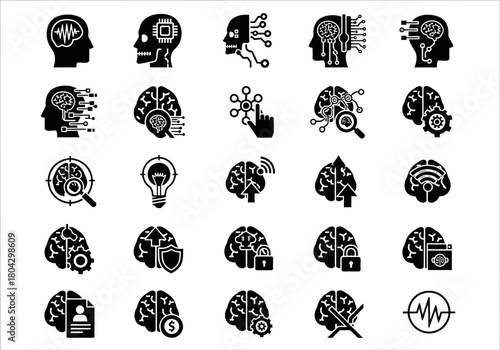 Glyph icon set symbolizing artificial intelligence, machine learning, and cognitive brain processes for technology projects