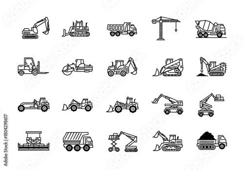A comprehensive vector icon set of heavy machinery and construction vehicles. Includes excavator, bulldozer, and crane line art graphics for industrial projects