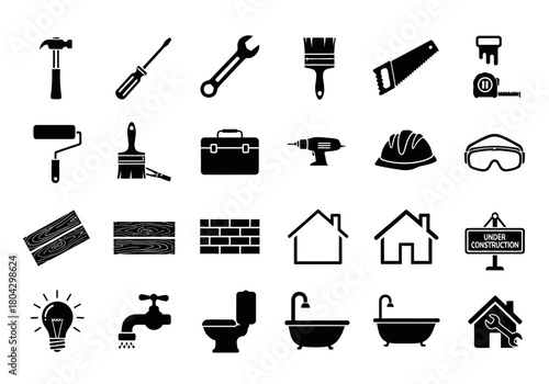 Vector set of black glyph icons for construction and home improvement, featuring tools, building materials, and household fixtures for renovation projects