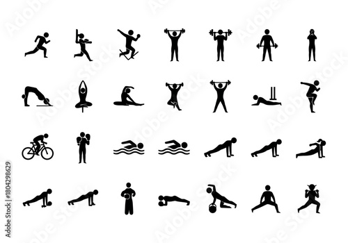 Set of minimalist black pictograms showing athletes engaged in diverse fitness, sport, and workout activities. Vector glyph icon collection npm229.eps