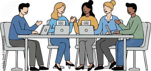 Diverse Team Meeting and Collaboration at Office Table Vector Illustration