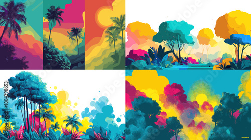 Vivid landscape illustration featuring tropical trees with rich colors and soft gradients, creating a dreamy and artistic nature scenery with modern abstract style.