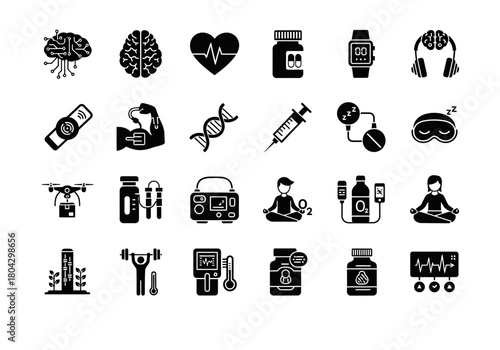 A comprehensive glyph icon set representing biohacking, health technology, and quantified self concepts for modern design projects