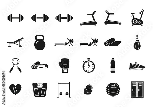A comprehensive set of flat black icons representing gym equipment and fitness activities for a healthy lifestyle