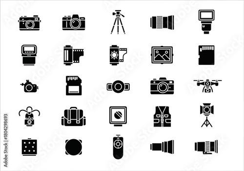 Set of solid black glyph icons representing professional photography and videography equipment and accessories