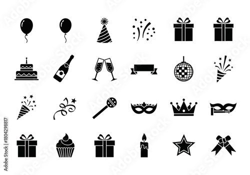 A versatile set of party and celebration glyph icons. This vector collection features black silhouettes for birthdays, holidays, and festive events