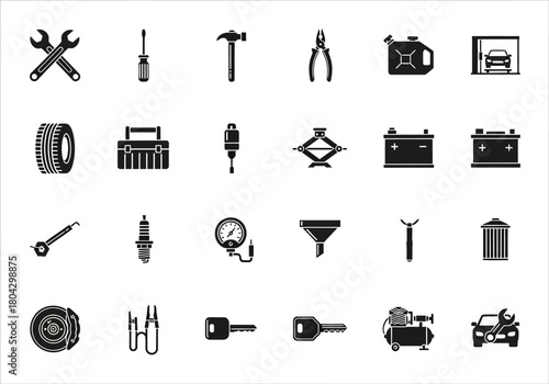 Comprehensive vector icon set for automotive repair and car maintenance services. Black glyph symbols on white background