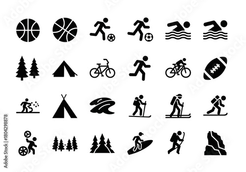 Set of black silhouette icons for sports and outdoor recreation, vector illustration of various athletic activities npm263