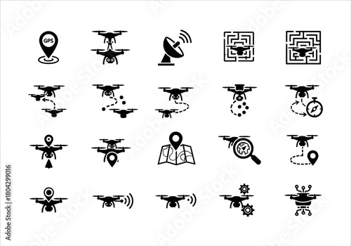 Drone technology vector icon set illustrating quadcopter flight paths, GPS navigation, surveillance, and delivery concepts