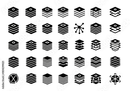 A comprehensive collection of black glyph icons representing data layers, server stacks, and technology concepts