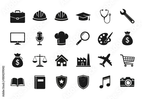 Vector set of universal solid black icons for various professions, business, and industry sectors, isolated on a white background