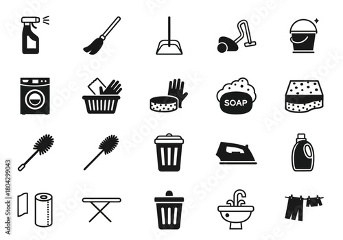 Household chores and cleaning supplies solid icon set. A simple vector collection of domestic symbols for tidying and maintenance