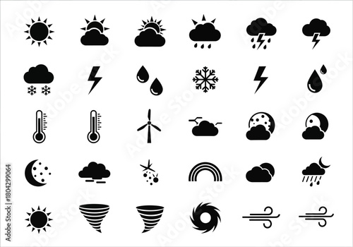 A diverse set of black weather glyph icons for meteorology forecasts, showing sun, rain, storm, and wind symbols. Vector graphic elements isolated on white