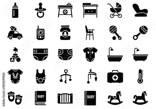 Collection of solid black glyph icons for baby care essentials and newborn products. Vector symbols for parenting and childcare items