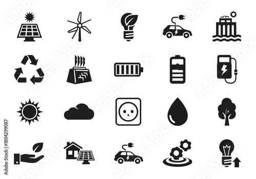A set of sustainable energy and ecology icons. Flat vector symbols for eco-friendly technology, conservation, and renewable power sources