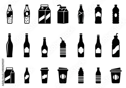 A diverse collection of black silhouette icons representing various beverage containers, including bottles, cartons, and cups for drinks and liquids