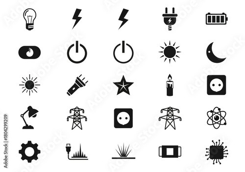 Monochrome vector icon set for power and energy themes. Includes symbols for electricity, light, charging, and technology like lightbulbs and plugs