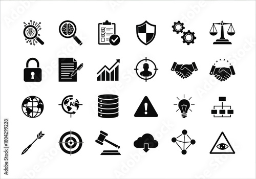 A set of universal glyph icons for business management, data analysis, cybersecurity, legal compliance, and strategic planning concepts