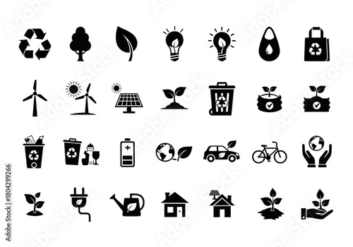 A collection of solid glyph icons representing ecology, sustainability, and renewable green energy concepts
