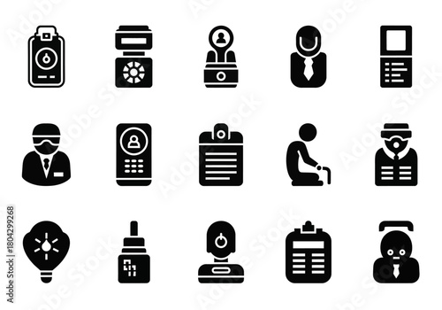 Business and office management solid glyph icon set featuring personnel, senior citizens, and workplace communication tools