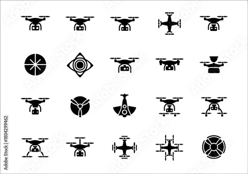 Simple black glyph icon set of various drones and quadcopters, showcasing a collection of unmanned aerial vehicle symbols for modern design