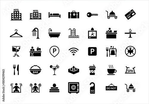 Vector collection of hotel and travel glyph icons. A set of symbols representing hospitality services, guest amenities, and accommodation features