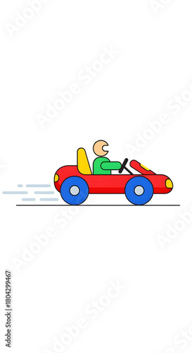 Driving a Fast Cartoon Car with Driver on White Background