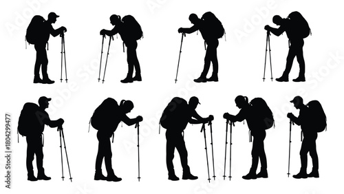 Hikers with backpacks and trekking poles silhouettes isolated on white background, Vector