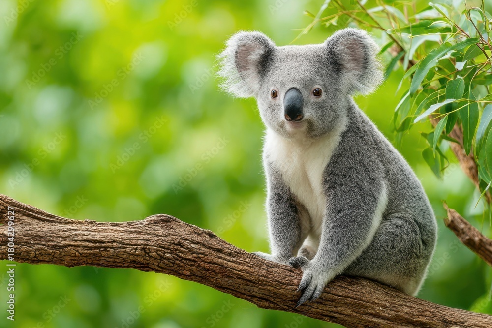 Fototapeta premium Cute Koala Sitting On Tree Branch With Green Foliage Background In Natural Habitat For Wildlife And Conservation