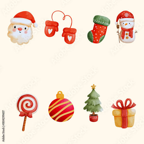 Charming watercolor christmas icons featuring santa claus mittens stocking tree candy and gift
