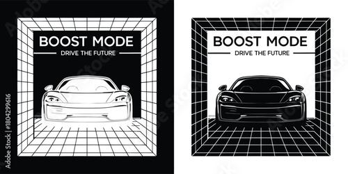 Futuristic sports car in boost mode, presented in a digital tunnel with grid lines, emphasizing speed and advanced technology