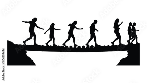 Silhouettes of people balancing on a log bridge isolated on white background, Vector