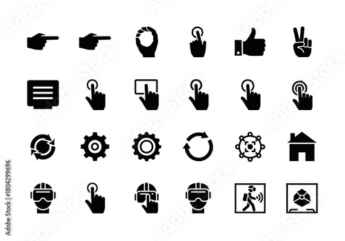 Collection of solid glyph icons for technology user interfaces, featuring touch gestures, virtual reality gear, and navigation elements. Vector pictogram set