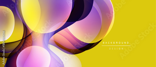 Abstract colorful shapes overlap, creating dynamic visual flow. Yellow background enhances vibrant hues, modern design element.