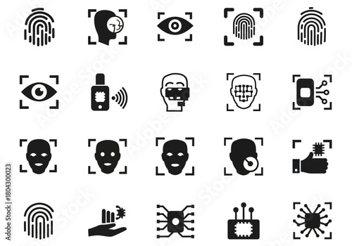 A vector icon collection representing biometric security and digital identification, including fingerprint scanning, facial recognition, and iris analysis glyphs