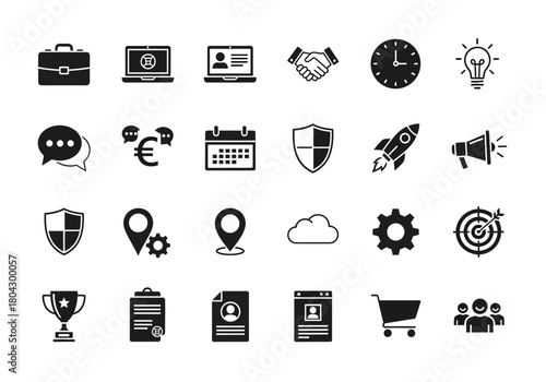 Vector set of business management and startup development solid icons for web design and mobile user interface