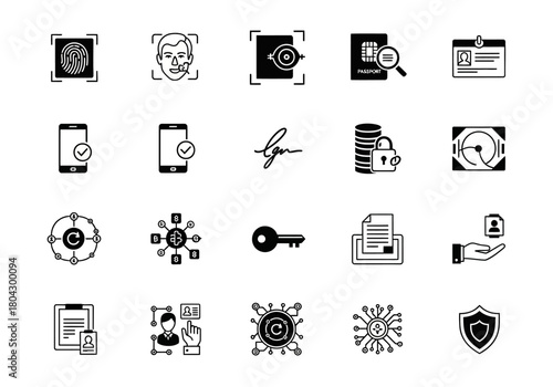 Vector icon set illustrating concepts of digital identity verification, secure finance, and data protection technology