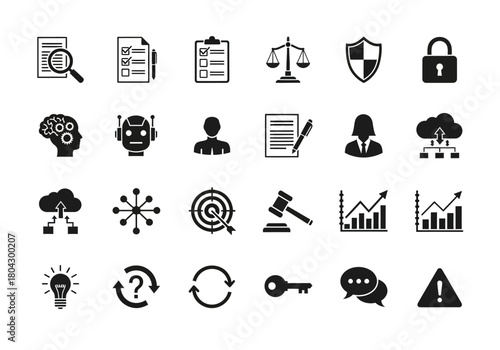 A comprehensive set of flat glyph icons representing business management, legal compliance, data security, and technology concepts npm346