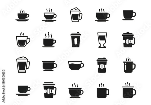 A versatile vector icon set of coffee cups and mugs for cafes. Hot drink symbols and pictograms on an isolated background