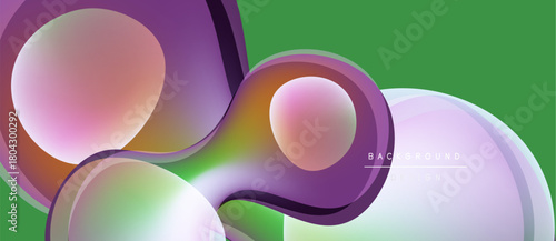 Abstract fluid shapes overlap, creating vibrant purple, pink, green gradients. Modern design, smooth curves, dynamic composition.