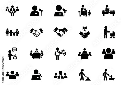 A set of black glyph icons representing business meetings, teamwork, community interaction, and social communication concepts