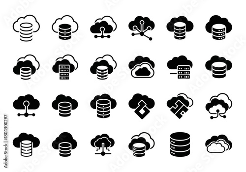 Vector icon set of cloud computing and database hosting symbols. Glyphs for data storage, server networks, and web services