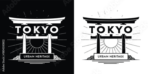 Tokyo urban heritage graphic with torii gate and sunburst effect, black and white design