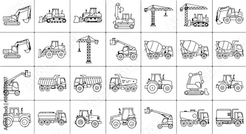 Construction Vehicles Icons Set Collection Heavy Machinery Isolated on White Background